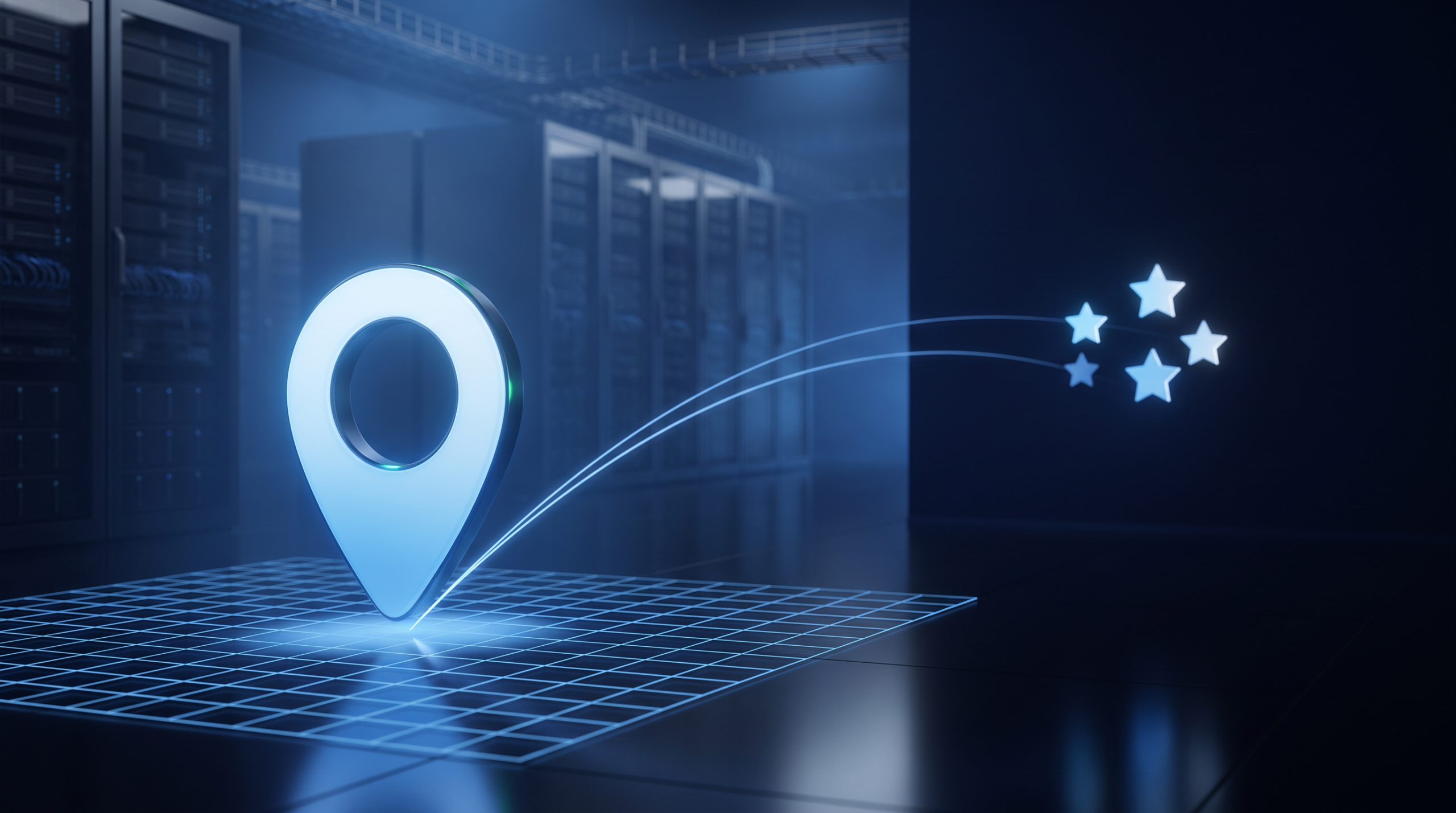 Glowing map pin and business profile panels in dark navy brand art — google business profile management