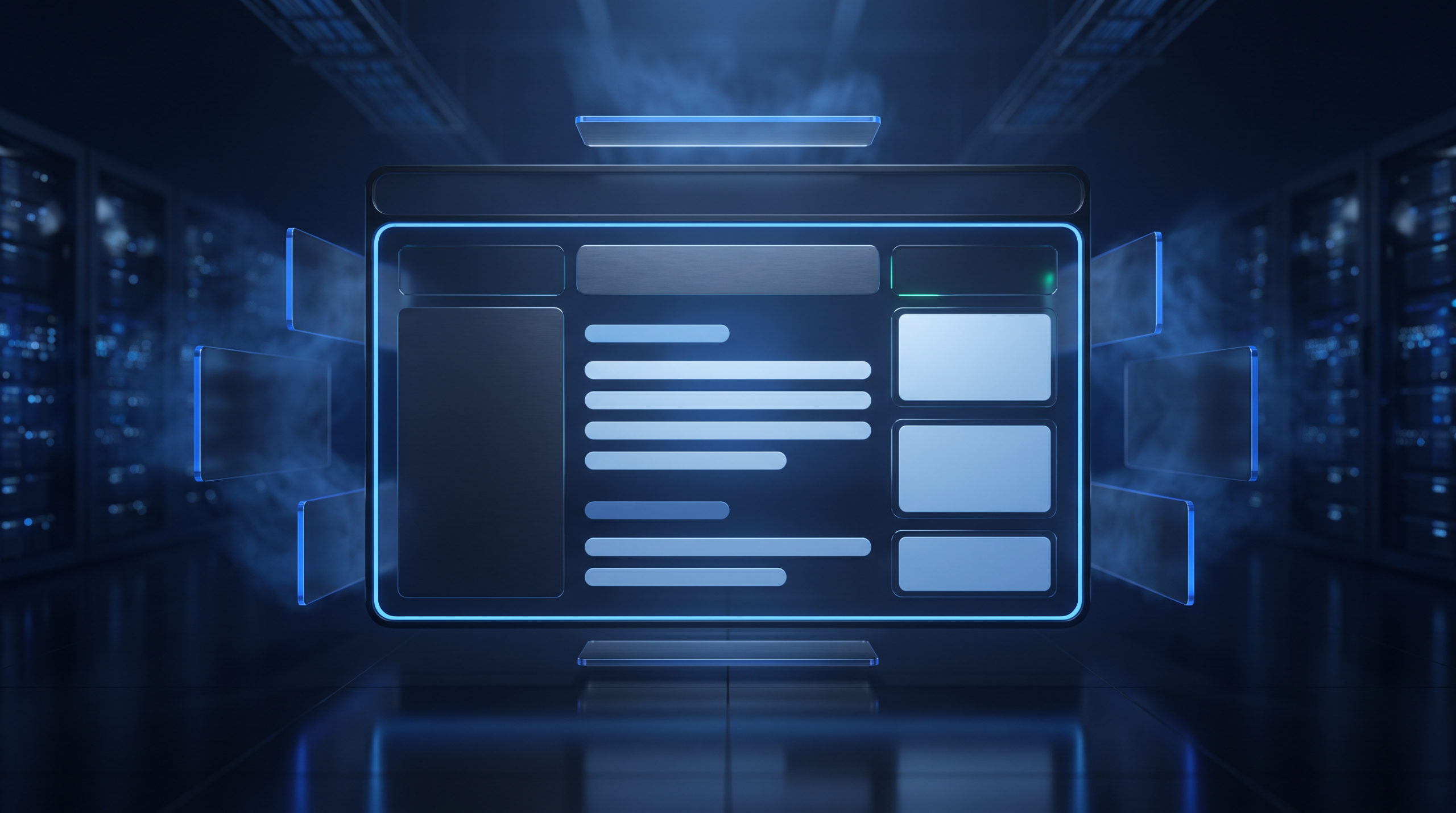 Layered website layout panels in dark navy brand art — small business website design