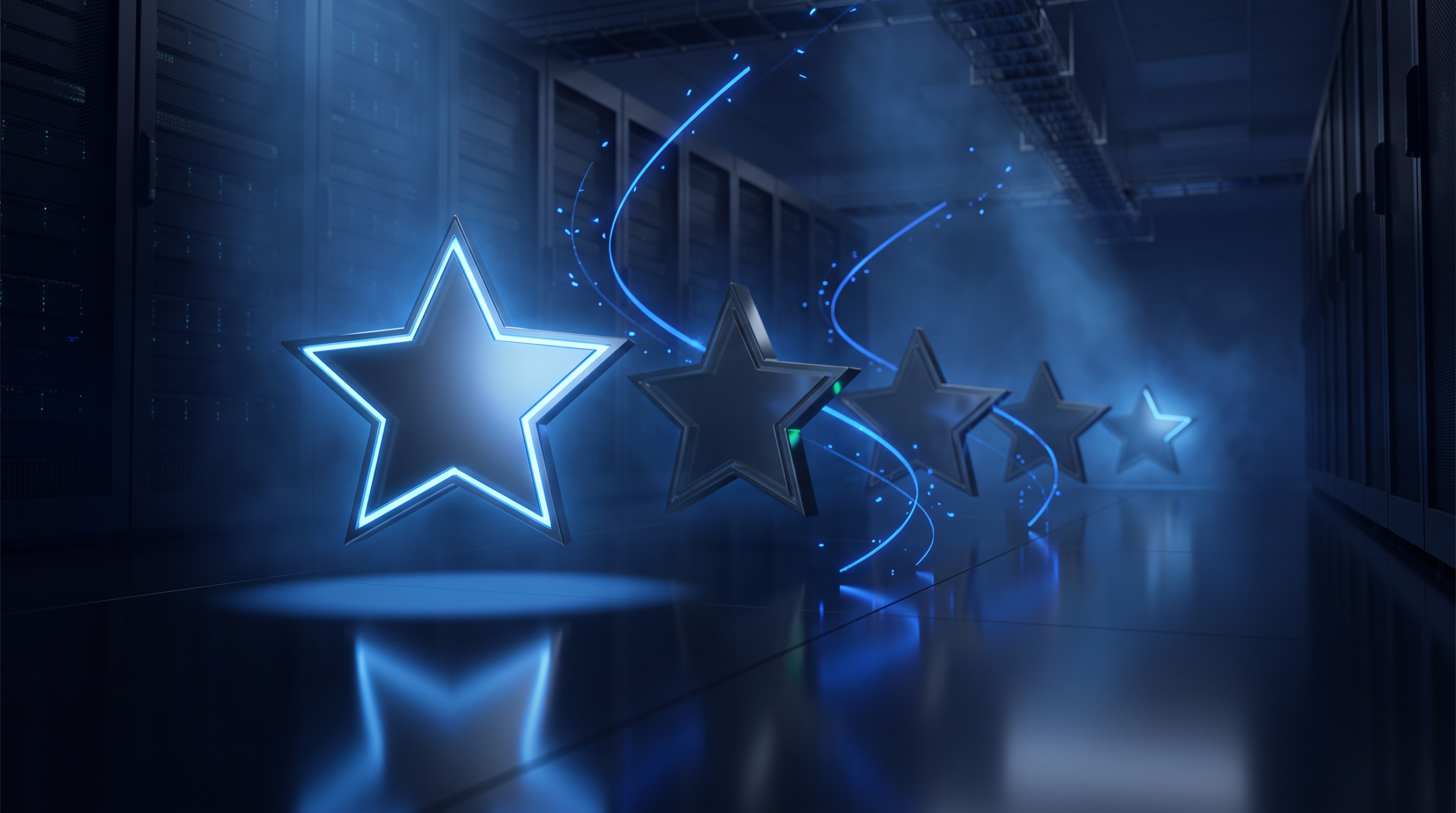 Five glowing stars rising out of a dark surface — Google reviews for small business