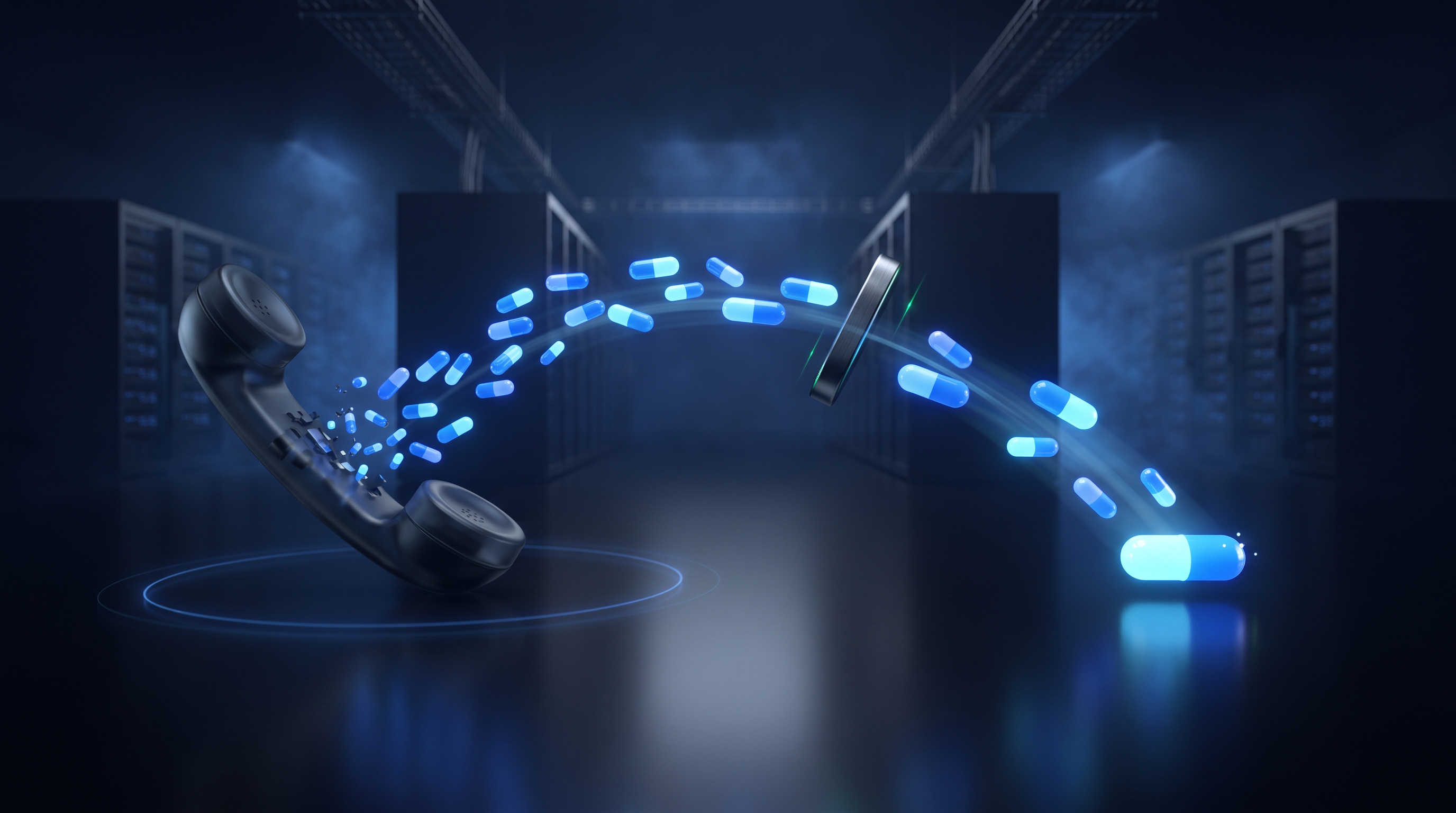 Glowing call and message network in dark navy brand art — missed call text back