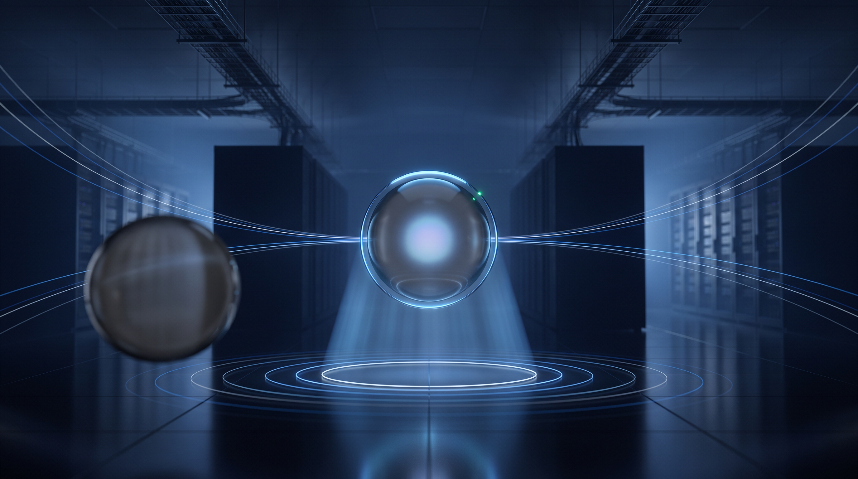Glowing data sphere in a dark server-room corridor — local SEO visibility for small business